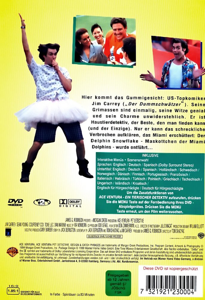 Ace Ventura - Ein tierischer Detektiv - DVD Back-Cover Ace Ventura - Ein tierischer Detektiv - DVD Back-Cover