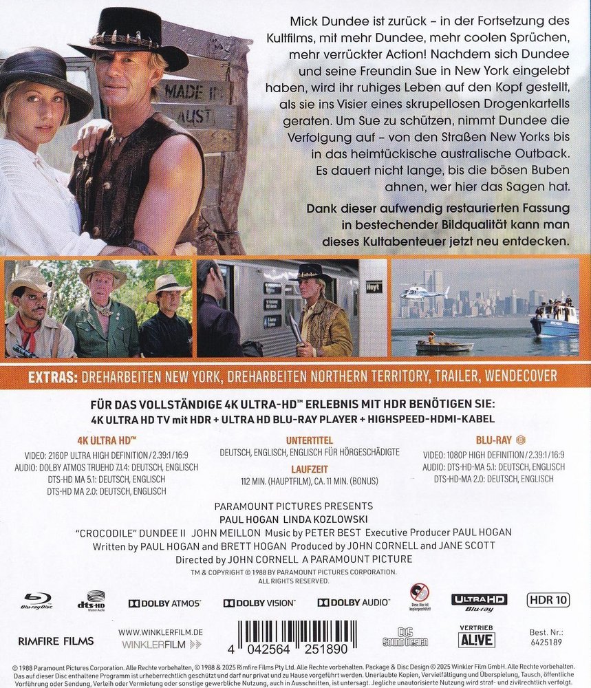 Crocodile Dundee 2 - 4K UHD Back Cover Crocodile Dundee 2 - 4K UHD Back Cover