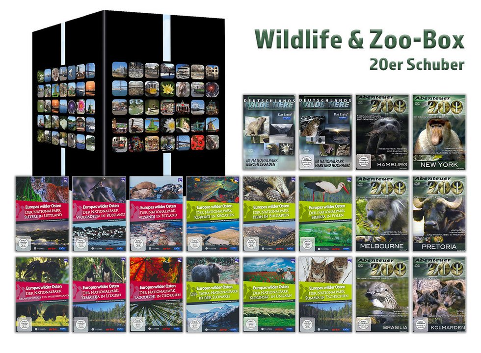 Wildlife &amp; Zoo-Box Schuber mit 20 DVDs im Paket / Europas Wilder Osten / Abenteuer Zoo / Wilde Tiere (DVD)