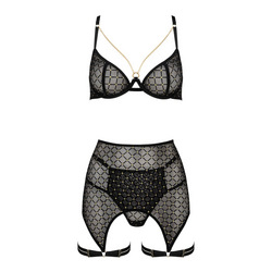 Raffiniertes 3-teiliges Dessous-Set mit edlem Tüll und goldenen Stickereien