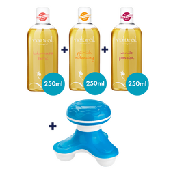 Massagegerät und Massageöl-Set, 3 x 250 ml
