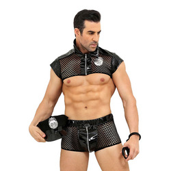 Cop-Kostüm in Latex-Optik, 4Teile