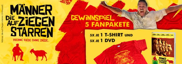Gewinnspiel: 5 Film-Fanpakete: DVDs & T-Shirts zu Männern, die auf Ziegen starren!