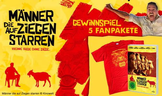Gewinnspiel: 5 Film-Fanpakete: DVDs & T-Shirts zu Männern, die auf Ziegen starren!